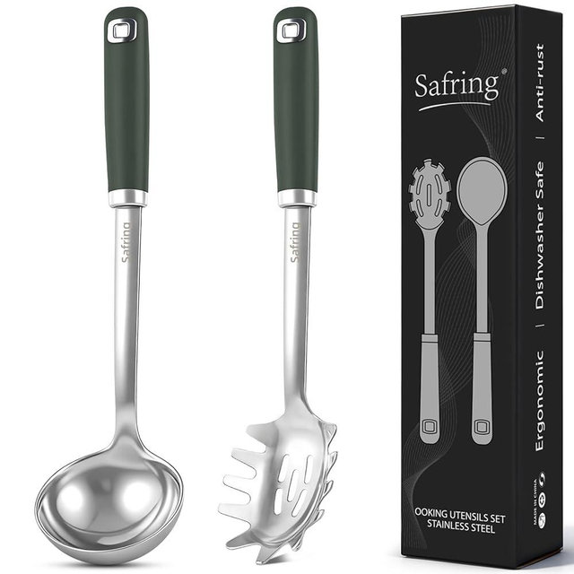 Safring Stainless Steel Soup Ladle and Spaghetti Spoon Set, Heat Resistant Rubber Handle, Dishwasher Safe, Kitchen Utensils for Cooking, Stirring, Serving Pasta, Soup & Sauce (Hunter Green)