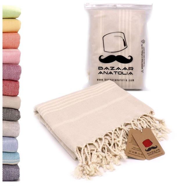 Bazaar Anatolia Turkish Towel 100% Cotton Peshtemal Towel 76x38 Thin Travel Camping Bath Sauna Beach Gym Pool Blanket Fouta Towels (Cream)