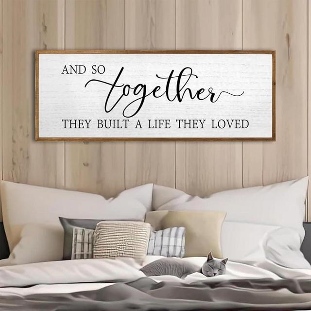 And So Together They Built A Life They Loved Wall Decor 40”X15” Rustic Master Bedroom Large Wood Framed Sign Above Bed Modern Farmhouse Quotes Couple Wall Art Over Bed Hanging Decoration (Wood)