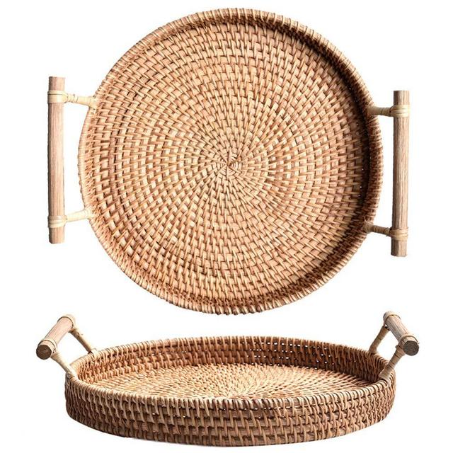 Rattan Round Bread Serving Basket Handcrafted Exquisite Small Basket,Vintage Style Serving Tray Platter with Handles, Centerpiece for Coffee or Dining Table- 8.7inch