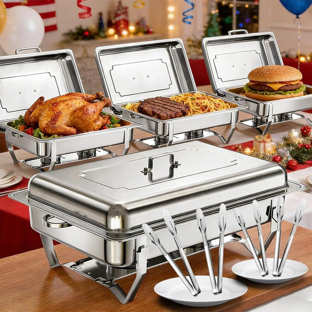 4 Pack Chafing Dishes for Buffet 9QT, Chafing Dish Buffet Set Rectangular with 4 Serving Tongs, Full Size Chafing Pan, Buffet Server Warmer Parties New Year, Chafers and Buffets Warmers Sets