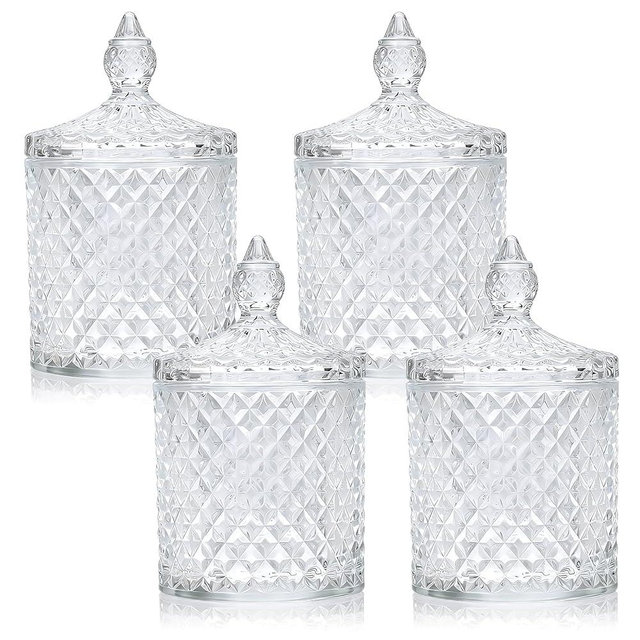 4 Pack Crystal Glass Apothecary Jars with Lids, Diamond Cut Qtip Holder Set for Bathroom Vanity, Cotton Swab & Ball Storage Containers, Decorative Candy Jars for Kitchen, Bar & Home Decor, Jewelry