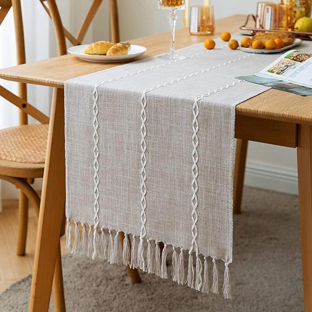 ZeeMart Farmhouse Table Runner, Rustic Table Runners 72 Inches Long, Cotton Linen Boho Table Runner, Braided Striped Coffee Table Runner for Dining Party Holiday, 15x72 Inches, Braided Brown