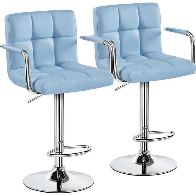 Yaheetech Bar Stools Set of 2, PU Leather Adjustable Swivel Barstools, Hydraulic Kitchen Counter Height Chairs with Armrest and Back for Kitchen, Dining Room, Blue