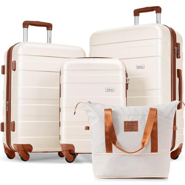 Merax Expandable Hardside Luggage Spinner Wheel Suitcase TSA Lock Suit Case, Brown and Ivory, 4-Piece Set