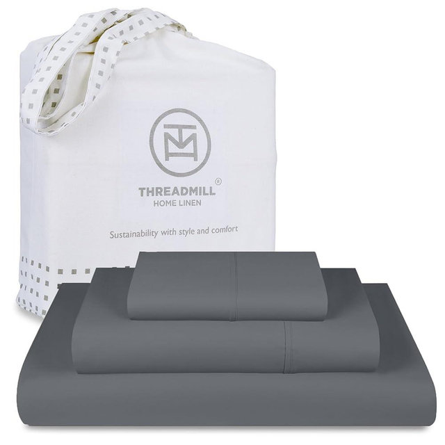 Threadmill 100% Cotton Sheets for Cal King Size Bed - 600 Thread Count Cal King Bed Sheets Set with 16” Deep Pocket - Sateen Weave 4-Piece Bedding Set with Cooling Effect, Dark Grey