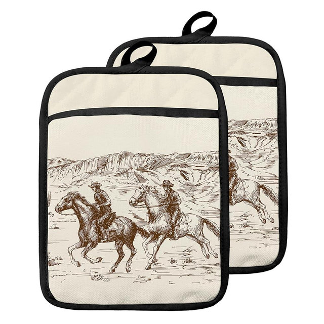 GOOZHO Western Pot Holders with Pockets, Cowboy Gifts, Vintage Country Cowboy Western Oven Pot Holders Heat Resistant Oven Mitts Hot Pads for Kitchen Baking Cooking