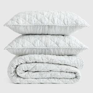 European Linen Stripe Quilt Set in Mist/white Stripe