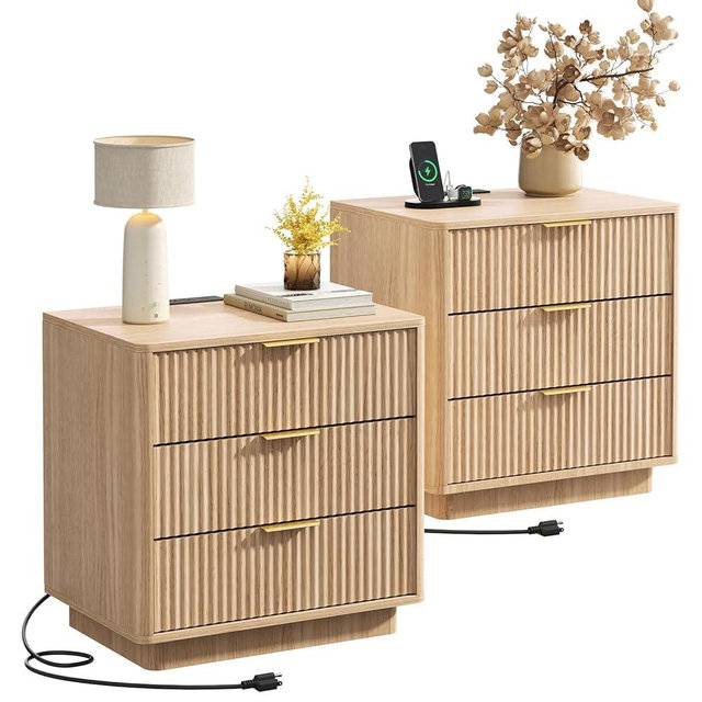 Draelibor Fluted Night Stand Set of 2, 22.4" W with Hidden Drawer, Bedside Table with Charging Station, 4 Drawers, Wood End Table Mid Century Night Stands for Bedroom, Natural Oak