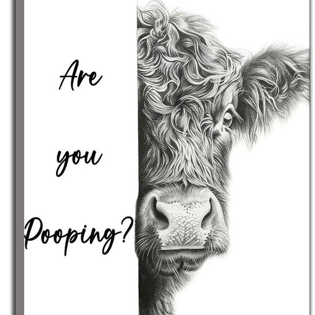 Funny Highland Cow Bathroom Canvas Wall Art Cute Animal Are You Pooping Painting Picture Wall Decor Black White Animal Bathroom Poster Print Artwork for Bedroom Toilet Home Decoration