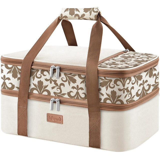 Lifewit Double Decker Casserole Carrier for Hot or Cold Food, Insulated Casserole Baking Dish Bag Food Carrier, Lasagna Holder for Potluck/Parties/Picnic/Cookouts, Fits 9"x13" Baking Dish, Cream