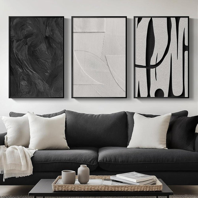 Framed Black and White Abstract Wall Art for Living Room, 3-Piece Modern Canvas Black & White Art Work Wall Decor, Minimalist Abstract Textured Painting Prints Wall Decoration for Bedroom Home Office 16x24 Inch