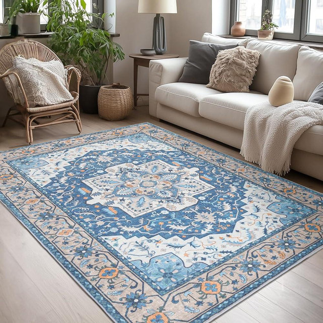 Lessymo Washable Area Rugs 6x9- Boho Area Rug Low Pile for Bedroom Living Room Kitchen, Ultra-Soft Faux Wool Vintage Area Rug with Non-Slip Rubber, Kid & Pet Friendly, Blue Brown
