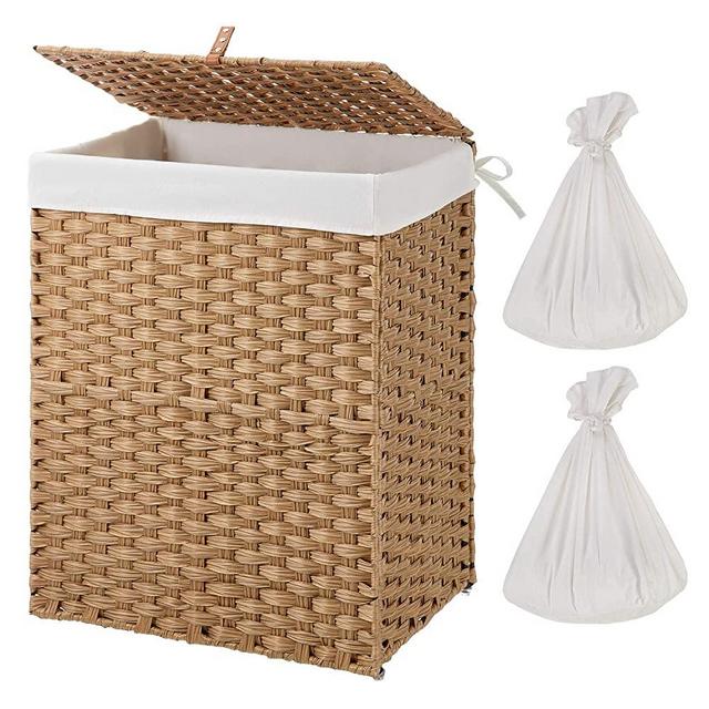 Greenstell Handwoven Laundry Hamper with 2 Removable Liner Bag, Synthetic Rattan Laundry Basket with Lid and Handles, Foldable and Easy to Install Natural (Standard Size)