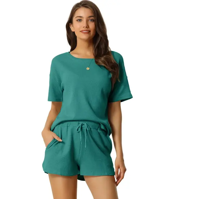 cheibear Women's Casual Pullover Short Sleeve Sleepshirt with Shorts Waffle Pajama Sets Peacoke Green X-Large