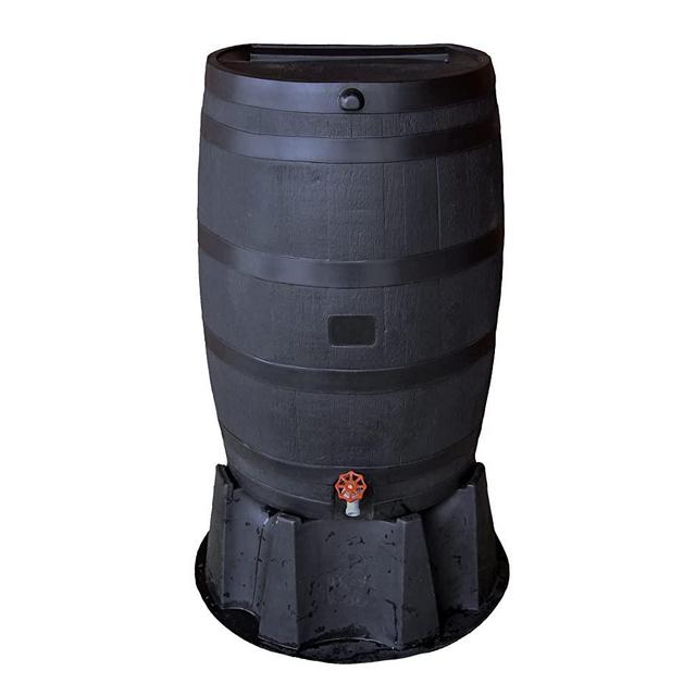 RTS HOME ACCENTS 551001300A8081, Black Polyethylene 50 Gallon Flat Back Eco Rain Barrel with Stand, Color