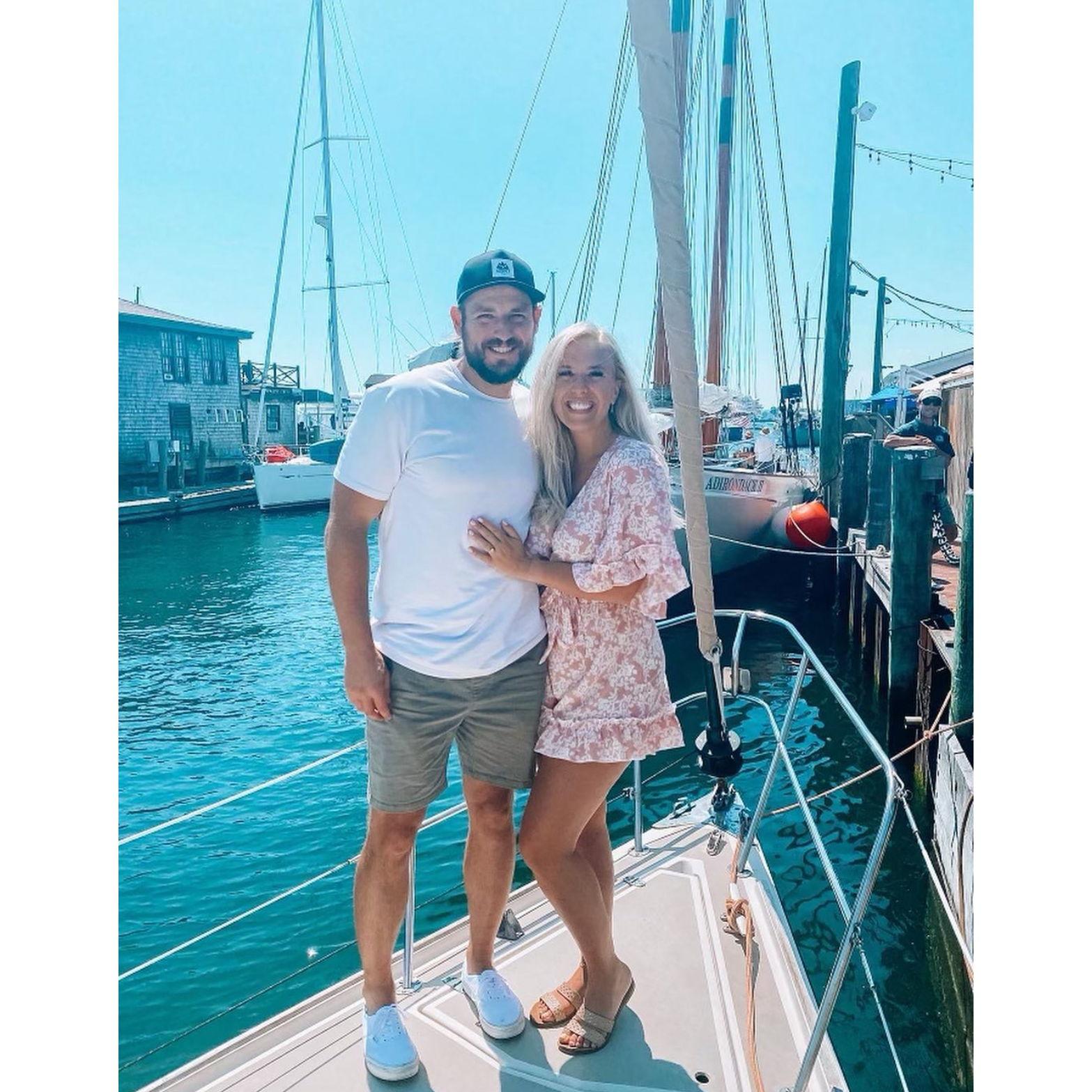 On the Bow of Starlight docked at Bowen's Wharf after Matt Proposed at sea!