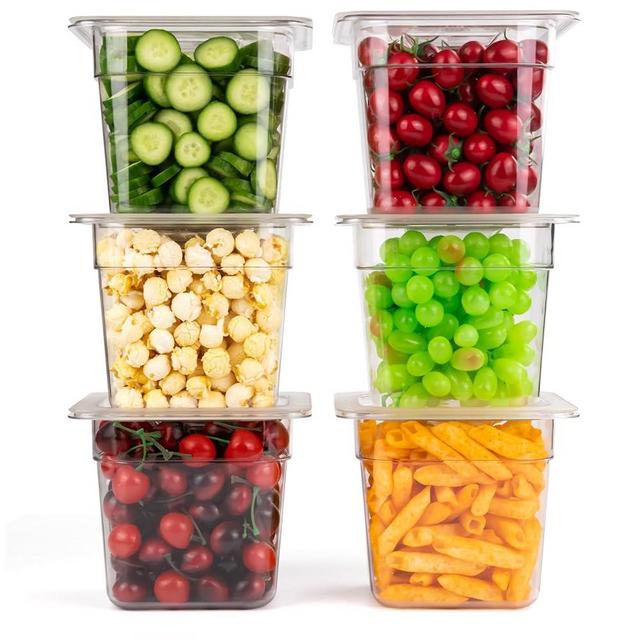 VOISEN 6 Pack Plastic Food Pan with Lids 1/6 Size 6 Inch Deep Commercial Food Storage Containers for Fridge Salad Fruits Vegetables Clear Restaurant Polycarbonate