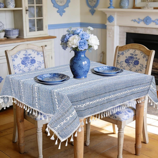 Small Blue Square Tablecloth 36''x36'', Spring Dusty Blue and White Linen Coffee Table Cover, Boho Nightstand Cover Top for Bedroom,End Table Cloth Runner, Summer Coastal Rustic Farmhouse Home Decor