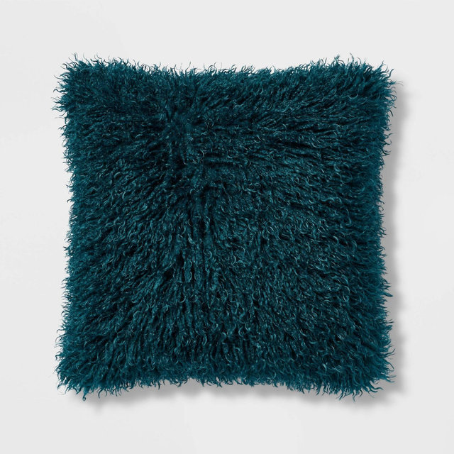 Euro Faux Mongolian Fur Decorative Throw Pillow Dark Teal Blue - Threshold™