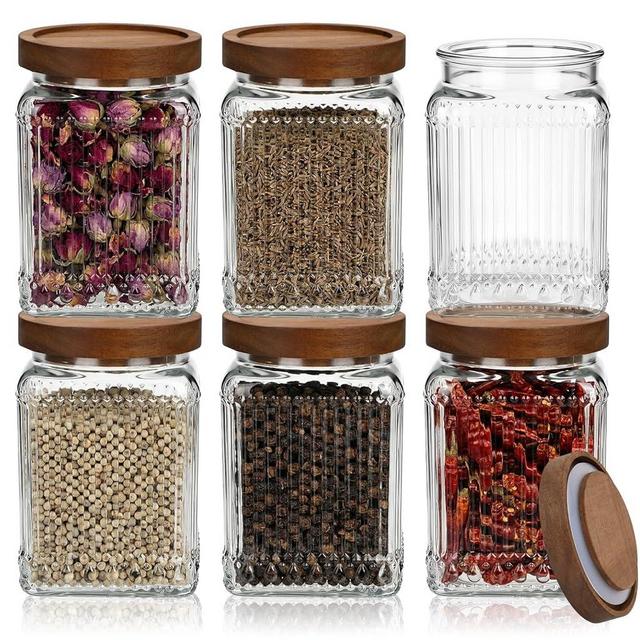Ferrochef 6 Pcs Vintage Glass Storage Jar with Lid 25.3 oz Glass Containers Stylish Ribbed Pattern Airtight Kitchen Jars Candy Jar for Food Cookies Candy Coffee Tea Beans Grains Storage