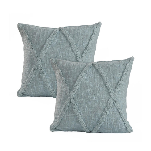 HomeRoots Set of Two Blue Diamond Cotton Throw Pillow With Fringe