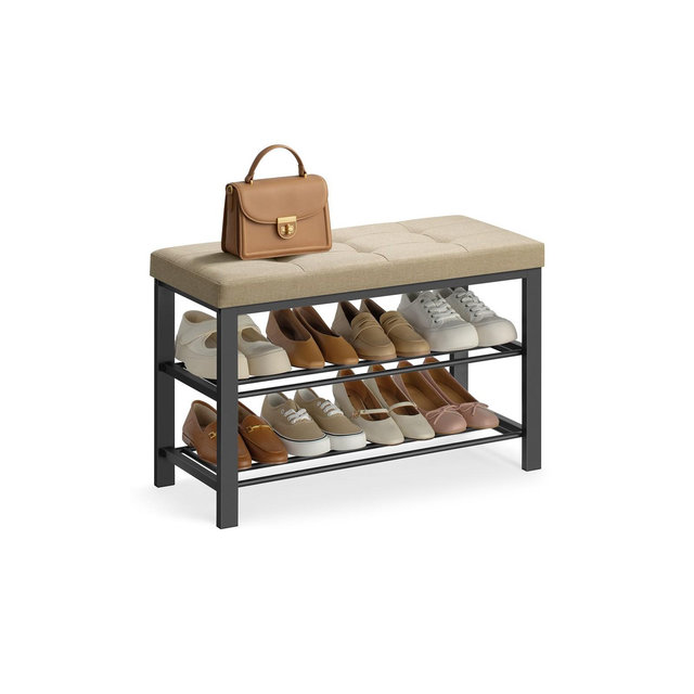 SONGMICS 3-Tier Shoe Rack Shoe Bench Camel Brown and Ink Black