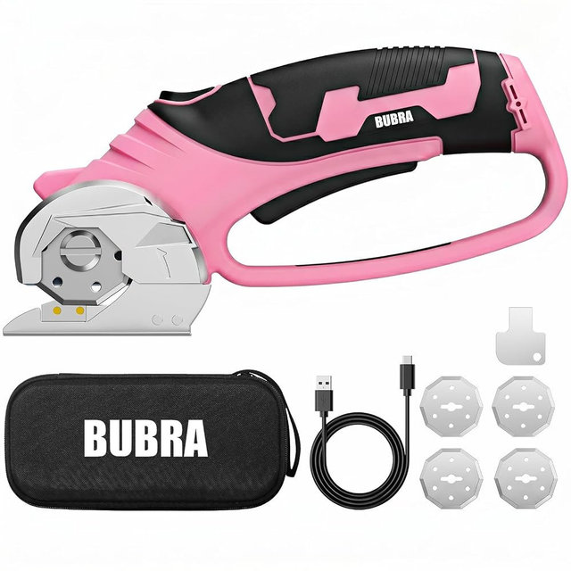 Cordless Electric Scissors 4V Rechargeable Cardboard Cutter with 4 SK5 Blades, 2000mAh Battery, LED Light, Electric Box Cutter 1/3” Cutting Capacity Power Cutter for Fabric Carpet Leather - Pink