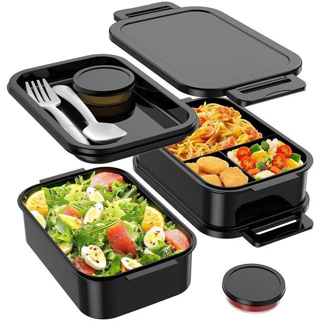 Jelife Adult Bento Box Lunch Box - Large Style Stackable Bento Lunch Box for Adults, 72oz All-in-One 3 Layers Bento Boxes Leak-Proof Lunchbox with Utensil Sauce Containers for Dining Out,Work, Black
