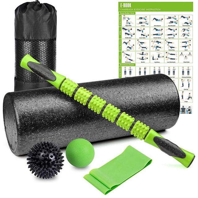 6 in 1 Premium Massage Foam Roller Kit 18" Large Foam Roller with Muscle Roller Stick 2 Massage Balls & 1 Resistance Band for Physical Therapy Injury Prevention Stretching Yoga & Trigger Point
