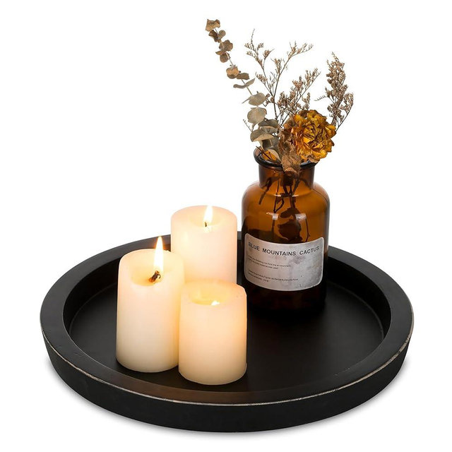 Hanobe Candle Plate Holder Tray: Round Wooden Decorative Candle Plate Small Farmhouse Table Centerpiece Rustic Wood Tealight Pillar Trays for Christmas Wedding Halloween Home Decor (Black)