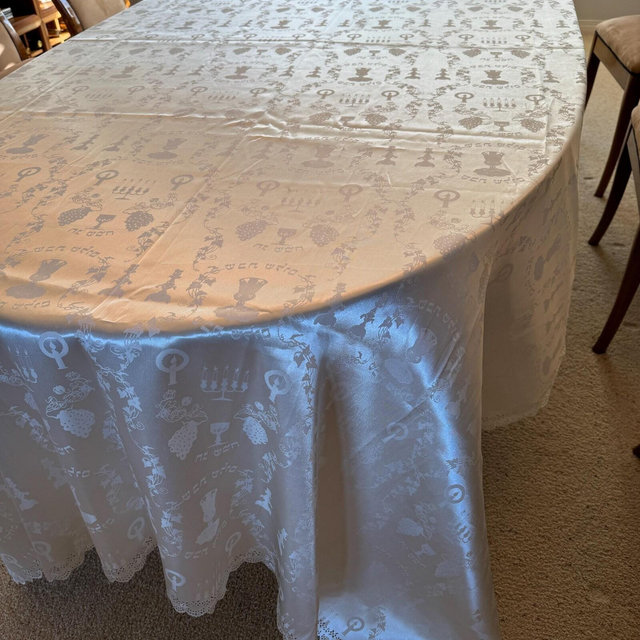 Judaica Jewish Tablecloth Creamy Satin 72" x 138" Lovely perfectly Imperfect Ready to Use