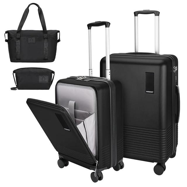 WireHot 2 Piece Luggage Sets with Spinner Wheels Front Open Pocket, ABS+PC Suitcase with TSA Lock & YKK Zipper, Carry On 20/24 inch Medium +Toiletry Bag+Handbag, Black