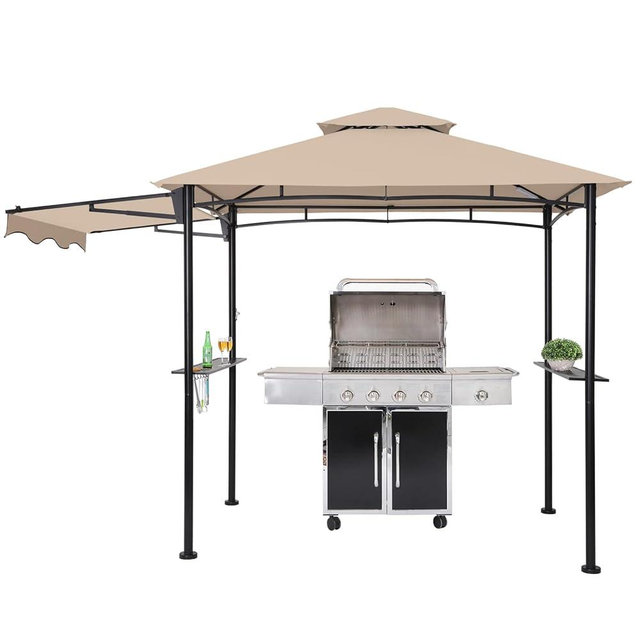 FAB BASED 5x8 Grill Gazebo with Extra Awning, All-Weather Steel Construction, Double Tiered & Resistant Canopy Roof, Metal Serving Shelves, 2 LED, Bottle Opener for Patio, Backyard, BBQ (Khaki)
