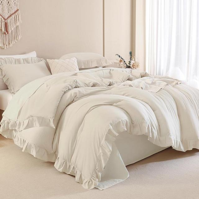 Andency Beige Comforter Set Full Size, 3 Pieces Solid Ruffle Vintage Rustic Soft Bedding Comforter Sets, All Season Lightweight Fluffy Soft Microfiber Bedding Set (79x90 Comforter & 2 Pillowcases)