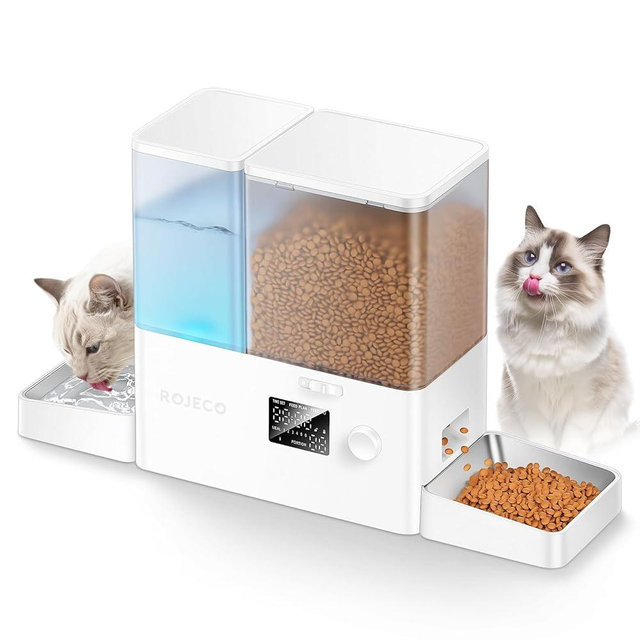 ROJECO Automatic Cat Feeder and Water Dispenser,36Cups/8.5L 2-in-1 Stainless Steel Bowls Large Capacity Cat Food Dispenser and Gravity Water Fountain for Cats Small Dogs Puppies Kittens Pets