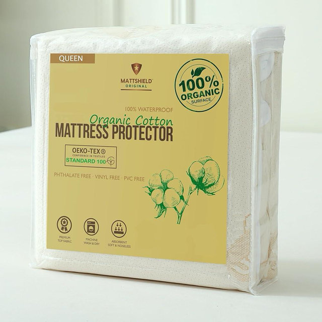 Deluxe Waterproof Organic Mattress Protector Queen - Certified Organic Cotton Breathable Mattress Pad Cover - New 280 GSM Comfort - Jersey Cotton Skirt - Fitted Comfort