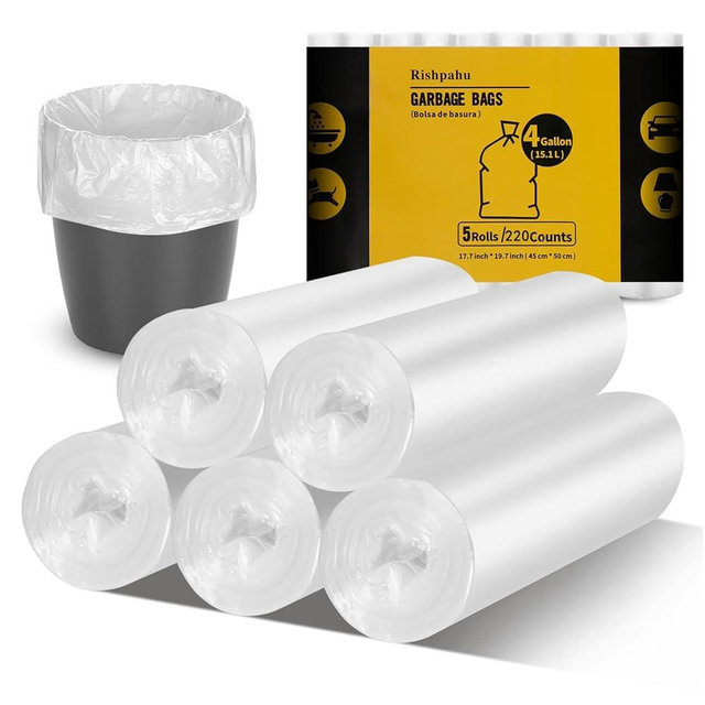 220Counts Small Trash Bags 4 Gallon, Flexible & Durable Small Garbage Bags, Unscented & Easy Tearing 4 Gallon Trash Bag for Kitchen, Bathroom, Bedroom, Office, Transparent,0.3Mil