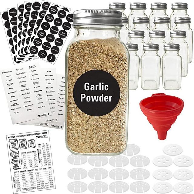 Talented Kitchen 14 Large Glass Spice Jars w/2 Types of Preprinted Spice Labels. Commercial Grade, Complete Set: 14 Square Empty Jars 6oz, Pour/Sift & Coarse Shakers, Airtight Cap, Chalk & Clear Label