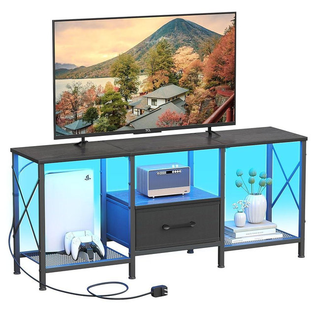 JARHETUN LED TV Stand with Fabric Drawer, Entertainment Center for 50 55 Inch TV, Industrial TV Console Table with Open Storage Shelves for Living Room, Bedroom, Black
