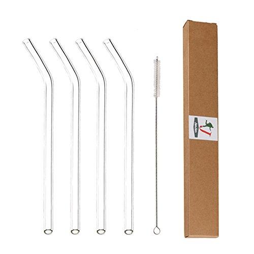 Glass Straws Clear Bent 9 inches x 10 mm Drinking Straws Reusable Straws Healthy Reusable Eco Friendly BPA Free 4 Pack with Cleaning Brush