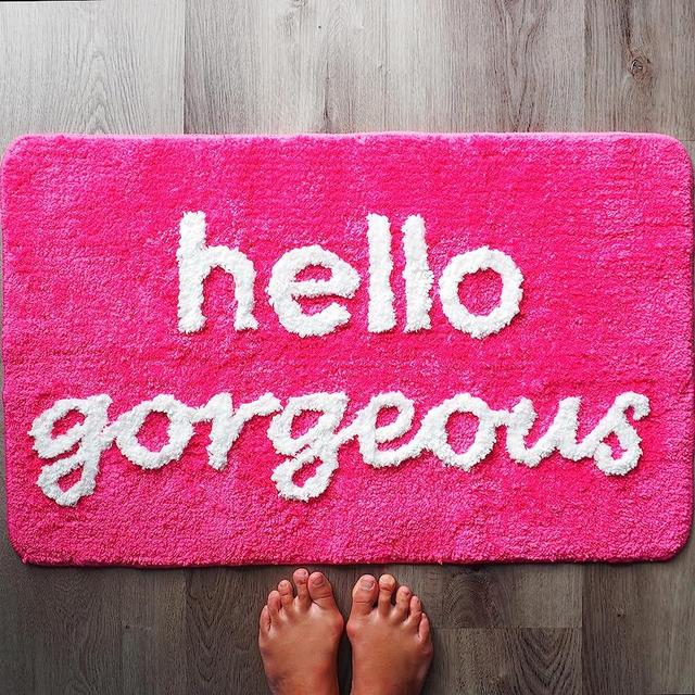 Hello Gorgeous Bath Mat Hot Pink Dark Magenta Fuchsia Blush Peach Coral Cute Beautiful Bathroom Rugs for Girls You Look Good Gorgeous Funny Shower Fun Bathroom Decor Non-Slip Washable Kids Women