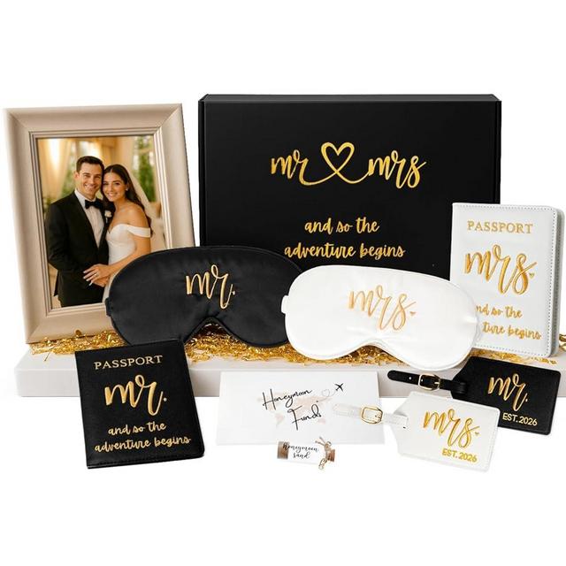 Mr and Mrs Honeymoon Travel Gift Set, Includes Embroidered Passport Covers, Luggage Tags, Eye Masks, Honeymoon Sand Keepsake Jar, Picture Frame, Honeymoon Funds Envelope (Est 2026)