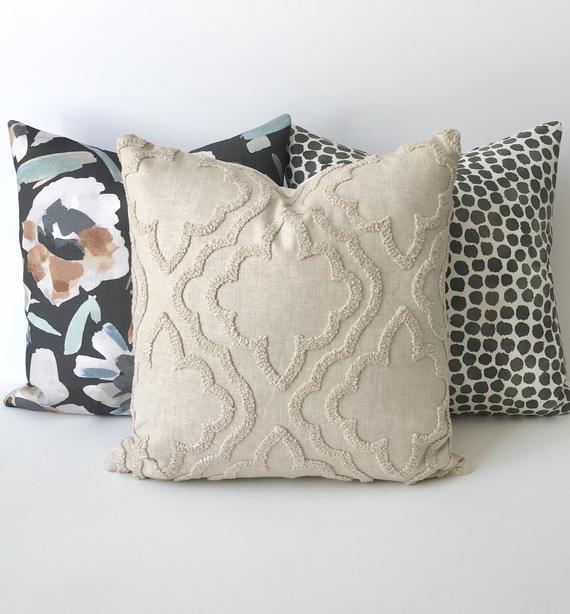 Beige oatmeal boho tile medallion embroidered geometric trellis decorative pillow cover