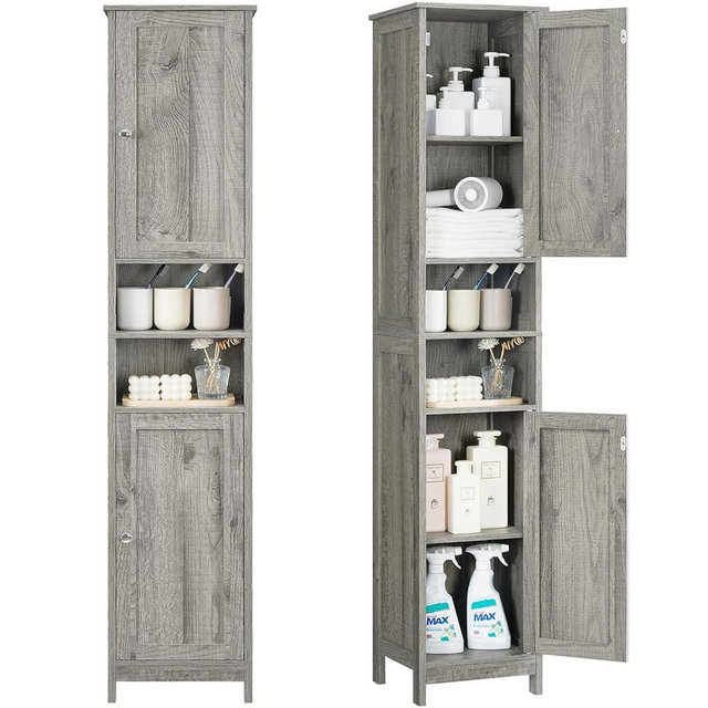 TEENFON 67" H Tall Bathroom Cabinet with 2 Adjustable Shelves & Doors, Narrow Bathroom Floor Storage Cabinet for Small Space, Living Room, Entryway, Kitchen, Grey