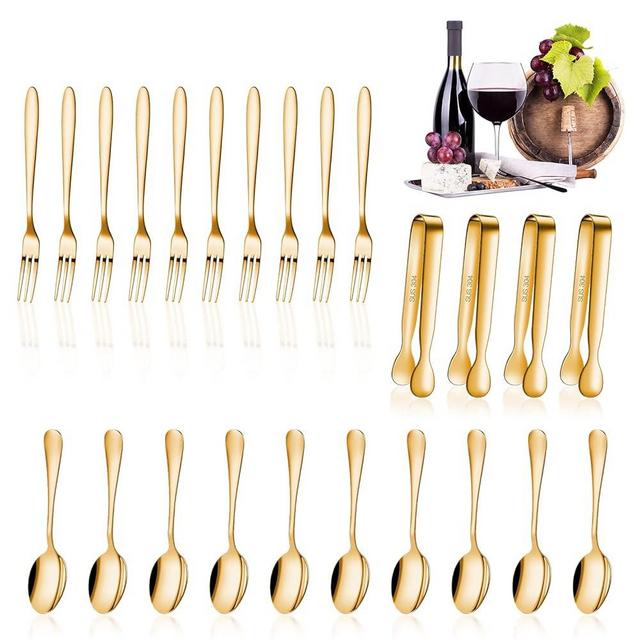 Cunhill 24 Pcs Charcuterie Accessories Mini Cocktail Tongs Small Serving Spoons and Appetizer Forks Stainless Steel Tongs Charcuterie Utensils for Valentine's Day Party(Golden, Vivid Sharp Spoon)