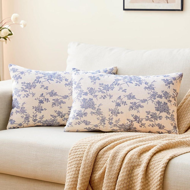 Aiimart Cotton Pastoral Floral Throw Pillow Covers 20x12 Set of 2,Farmhouse Style Soft French Blue Outdoor Decorative Pillows for Couch Bed Chair Living Room Farmhouse Decor, (Blue, 20x12)