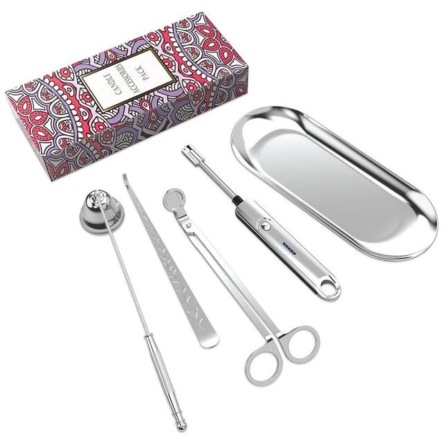 Lsnisni 5Pcs Candle Accessory Set With Rechargeable Electric Lighter, Storage Tray, Wick Trimmer, Snuffer, Dipper - Stainless Steel Care Kit With Gift Package for Candle Lovers - Silver