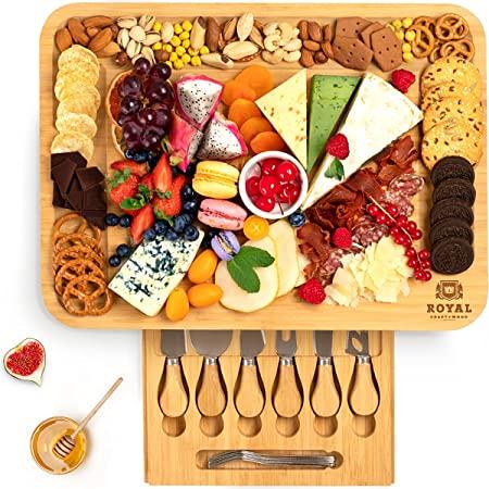 Bambüsi Premium Bamboo Cheese Board Set - Wooden Charcuterie Board Serving Platter and Knife Set with Hidden Slid-Out Drawer - Ideal Gift for Wedding, Housewarming, Bridal Shower, Birthday