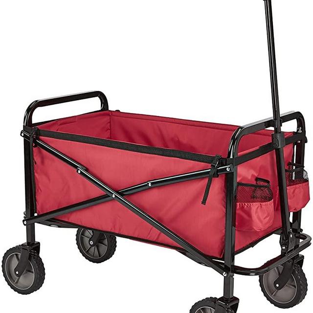 Amazon Basics Garden Tool Collection - Collapsible Folding Outdoor Garden Utility Wagon with Cover Bag, Red
